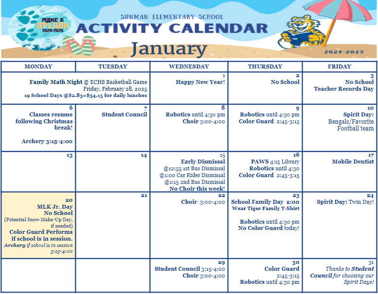 January Activity Calenda